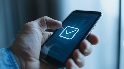 Poster - mobile tick: close-up of a hand holding smartphone with a check mark icon on the screen. symbolizing
