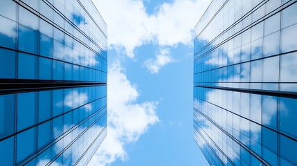 Aufkleber - Reflective skyscraper view with clouds and blue sky for urban architecture enthusiasts : Generative AI