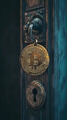 Poster - A golden bit coin hangs from a keyhole, possibly symbolizing good luck or prosperity