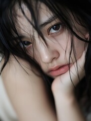 Poster - Closeup portrait of a young woman gazing thoughtfully with wet hair emphasizing her natural beauty and emotion : Generative AI