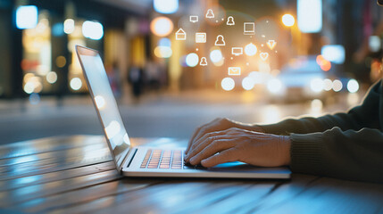 Poster - Digital Communication at Dusk: A person types on a laptop computer, digital icons hovering above, set against a blurred city backdrop and soft bokeh lights.