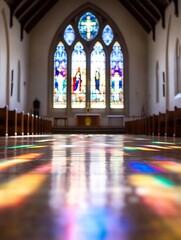 Aufkleber - Stunning interior view of a church with beautiful stained glass windows bathing the floor in colorful light : Generative AI