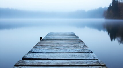 Aufkleber - Serene Lake Dock with Misty Landscape in Early Morning Light Reflection : Generative AI
