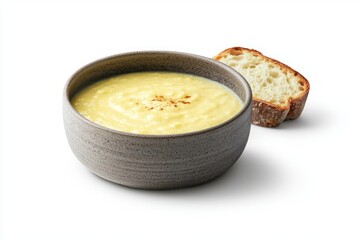 Poster - Creamy potato soup served with crusty bread in rustic bowl food photography for culinary blog