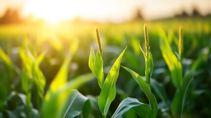Poster - Vibrant Green Corn Plants in a Vast Agricultural Field Under the Glowing Sunrise : Generative AI