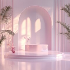 Aufkleber - Elegant pink studio setup with palm leaf and flowers for product display in serene ambiance