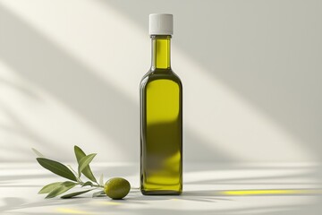 Poster - Elegant Olive Oil in Glass Bottle Fresh Olives and Olive Branch in Warm Natural Lighting Studio Shot