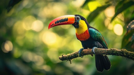 Poster - A vibrant bird perches on the edge of a tree branch, showcasing its plumage
