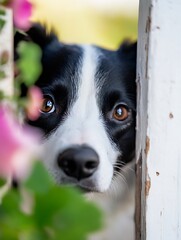 Aufkleber - Close up of a curious black and white dog peeking through a flower adorned fence : Generative AI