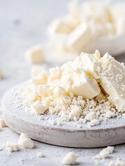 Aufkleber - Aesthetic arrangement of chunks of white chocolate on a round wooden board surrounded by chocolate crumbs : Generative AI