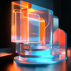 Poster - Futuristic Showcase Platform in Neon Light Abstract Composition Display Stand with Metallic Structure