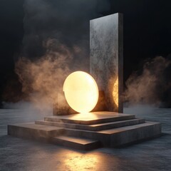 Poster - Modern concrete installation with glowing orb on platform creating atmosphere of mystery and wonder