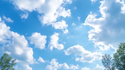 Poster - Fluffy White Clouds Floating Above a Clear Blue Sky on a Bright Sunny Day : Generative AI