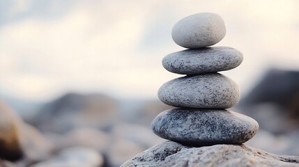 Poster - Serene stack of smooth stones representing balance and tranquility against a blurred nature backdrop : Generative AI