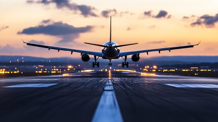 Poster - Airplane taking off at sunset silhouetted against a colorful sky and runway lights : Generative AI