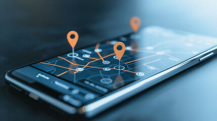 Poster - Navigating Digital: A smartphone displays a detailed map with location markers, symbolizing technology and navigation in modern life.