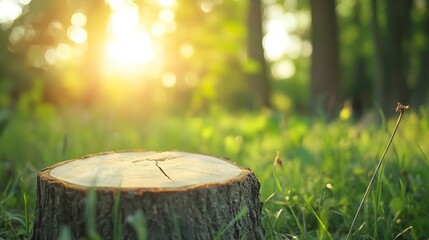 Poster - Sunlight streaming through trees illuminating a freshly cut tree stump surrounded by lush green grass in a peaceful forest setting : Generative AI