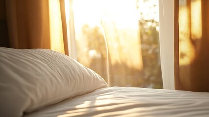 Aufkleber - Cozy bedroom scene featuring soft pillows bathed in warm sunlight through sheer curtains : Generative AI