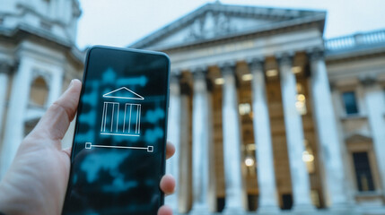 Poster - Mobile Banking: Hand holding smartphone displays an banking app with building background, concept of modern technology in financial system.