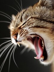 Poster - A domestic cat yawning widely with intense features highlighted against a dark background : Generative AI