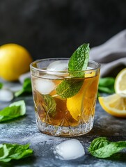 Poster - Refreshing cocktail with ice and mint leaves garnished with lemon slices captured in vibrant light : Generative AI