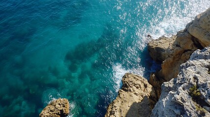 Poster - Aerial view of rocky coastline with turquoise waters and gentle waves crashing : Generative AI