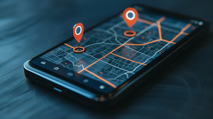 Poster - Navigation and Technology: Close-up of a smartphone displaying a detailed map with GPS location markers, symbolizing direction and connectivity.