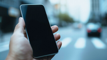 Poster - Mobile Tech in the City: A hand holds a modern smartphone against a blurred urban backdrop, hinting at connectivity and information at your fingertips.