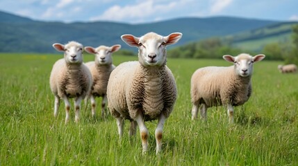 Poster - A group of four fluffy sheep grazing peacefully in a green meadow under a bright blue sky : Generative AI