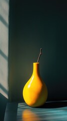 Poster - A single yellow vase placed on top of a wooden table, suitable for decorating or illustration