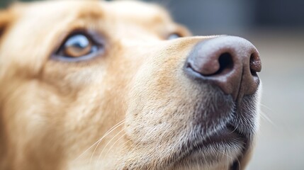 Poster - A closeup shot capturing the expressive face of a golden retriever dog with a soft focus background : Generative AI