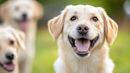 Poster - Happy playful golden retriever dog smiling in a lush green park with friends in the background : Generative AI