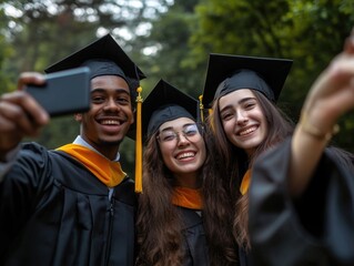Poster - A group of friends celebrating their graduation by taking a selfie with their cell phones