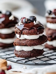 Poster - Deliciously layered chocolate cake with creamy filling and fresh berries for an indulgent dessert : Generative AI