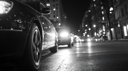 Poster - Dynamic night scene of cars on a busy street illuminated by city lights in black and white : Generative AI