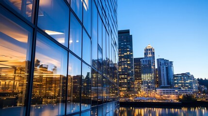 Poster - Modern City Skyline Reflected in Glass Facade at Dusk with Twinkling Lights : Generative AI