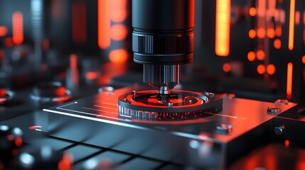 Poster - A close-up of a robotic machinery component with vibrant red and black colors, showcasing the intricate details of modern technology in action.