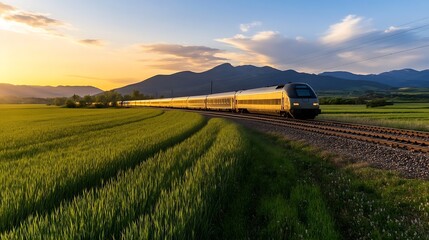 Poster - Scenic train journey through lush green fields and mountains during a vibrant sunset : Generative AI