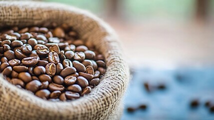 Poster - Closeup of fresh coffee beans in a rustic burlap sack creating a warm and inviting atmosphere : Generative AI