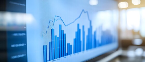 Poster - A close-up view of a digital screen displaying various bar graphs and trend lines, representing data analysis and business performance metrics in a modern office environment.