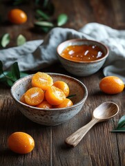 Poster - A rustic wooden table with various sizes and shapes of oranges in bowls