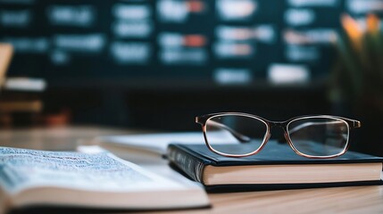 Poster - Stylish glasses resting on open books with blurred blackboard and warm coffee ambiance in a cozy study space : Generative AI