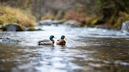 Poster - Two Colorful Ducks Swimming Together in a Calm River Surrounded by Nature : Generative AI