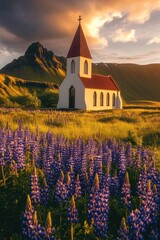 Aufkleber - A church situated in a lush purple flower field, perfect for peaceful atmosphere and serene settings