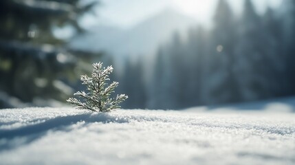 Poster - A small evergreen tree growing in a snowy landscape with sunlight filtering through the trees in a serene winter scene : Generative AI