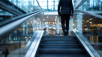 Poster - Business professional walking up modern escalators in a stylish urban office building : Generative AI