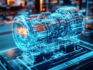 Poster - A futuristic holographic illustration of a mechanical engine, showcasing intricate details and glowing elements. This image represents innovation and advanced engineering concepts.
