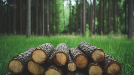 Poster - Close up view of freshly cut logs stacked neatly in lush green forest setting : Generative AI