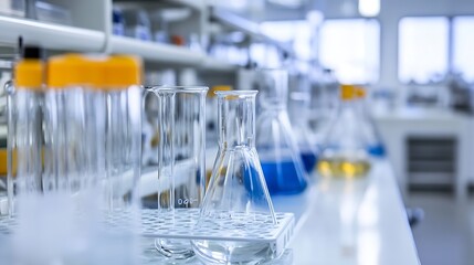 Poster - Laboratory setup with various glassware and colorful liquids representing scientific research and experiments : Generative AI