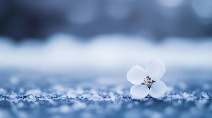 Poster - Single white flower resting on a snowy surface surrounded by chill winter atmosphere : Generative AI